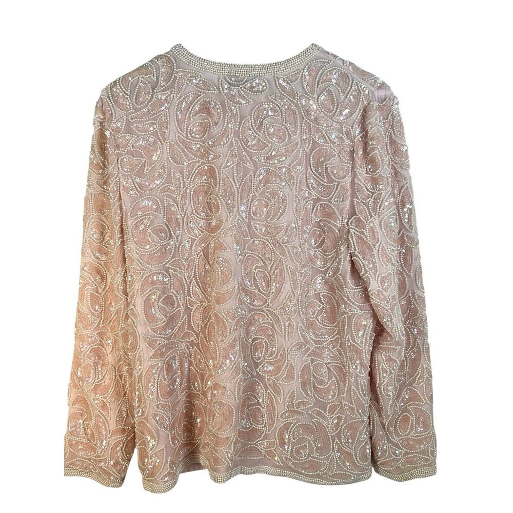 vtg‎ Lawrence Kazar Sequin/Pearl Silk Pink Nude  Womens M Cardigan - Picture 4 of 8